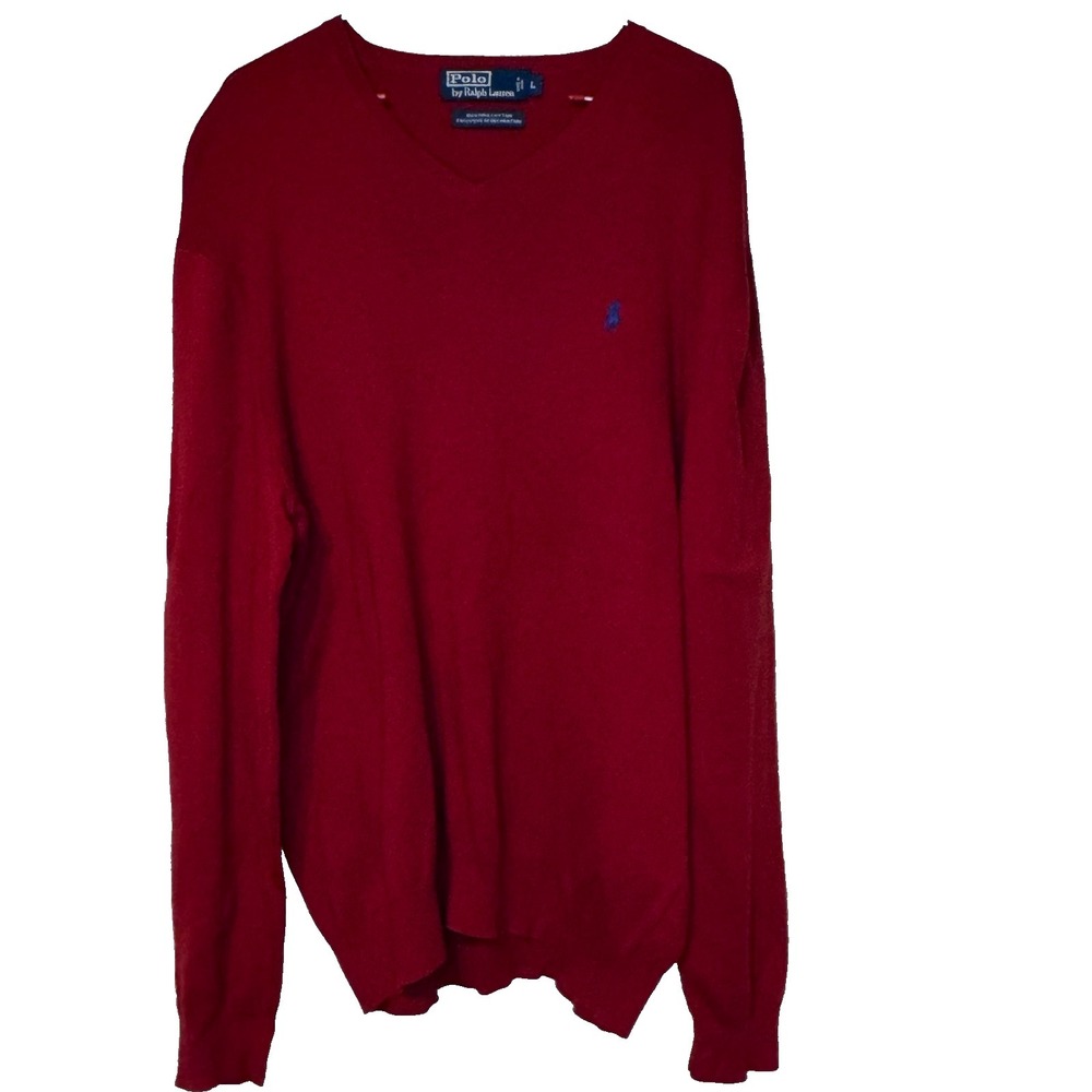 Polo by Ralph Lauren Men's Sweater Pima Cotton‎ Knit V-Neck Preppy Red Large